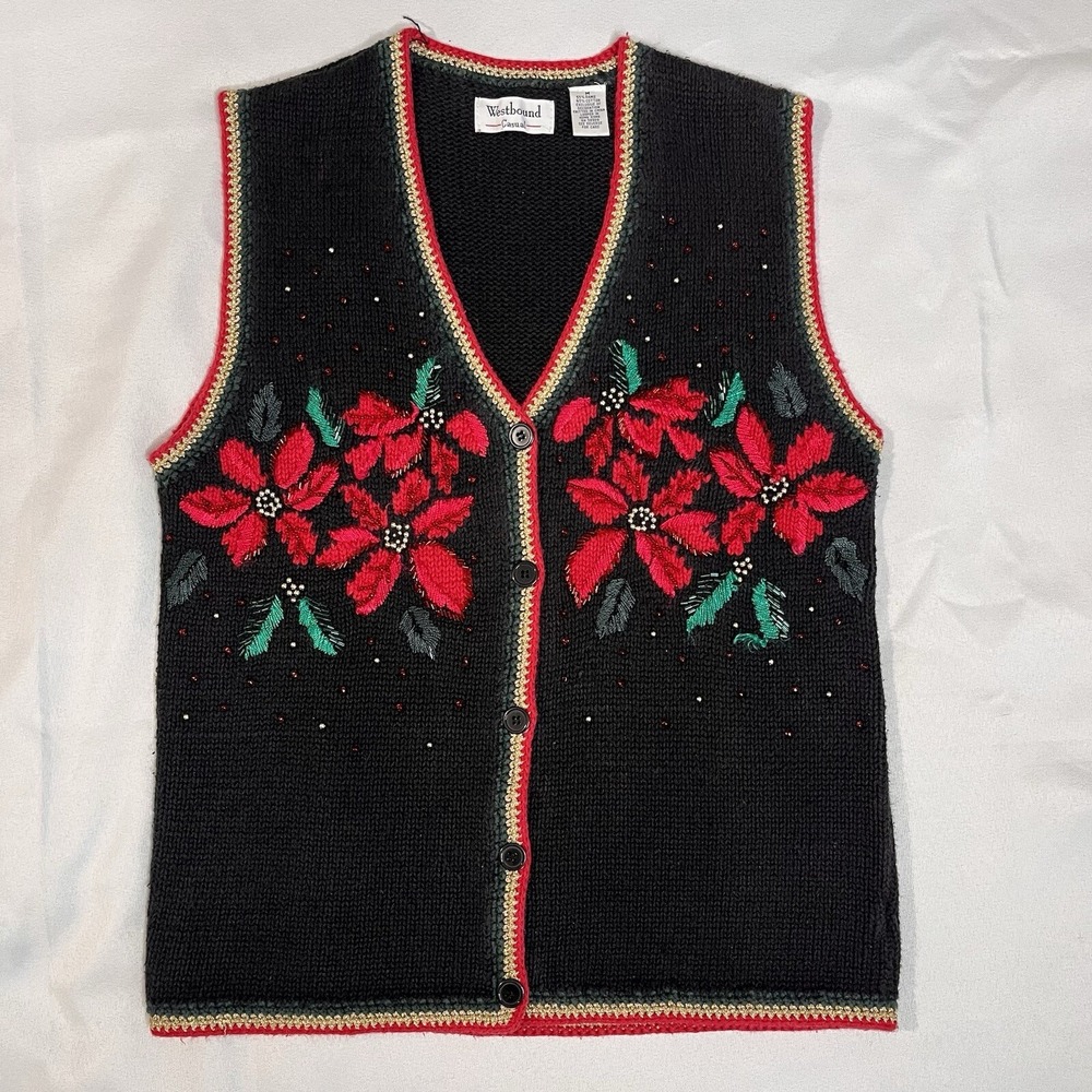 VTG Ugly Christmas Holiday Sweater Beaded Embroidered Poinsettia Sweater Vest‎ M